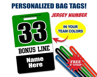 JERSEY NUMBER Bag Tag • Personalized • Player Name • Team Name & Colors • Made to Order • Athlete • Coach • Luggage, Backpacks, Gear Bags