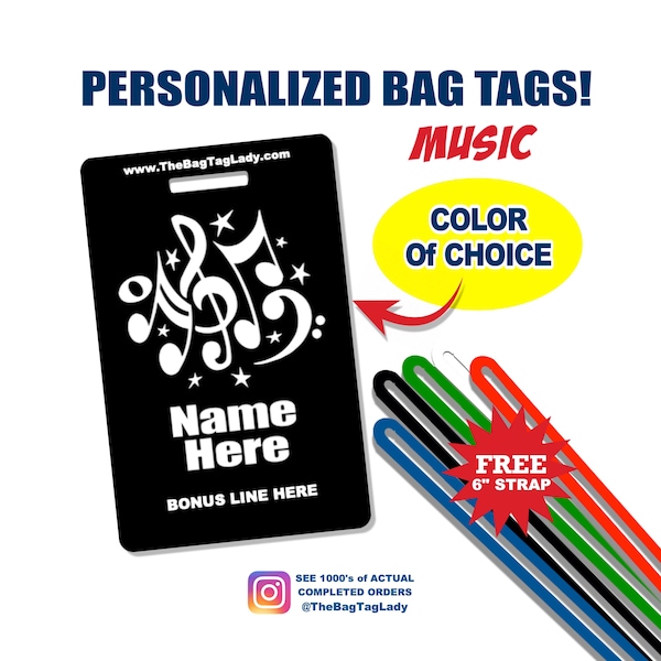 MUSIC Bag Tag • Musical Notes • Treble Clef • Bass Clef • Personalized for the Musician • Luggage or Instrument Case ID Tag