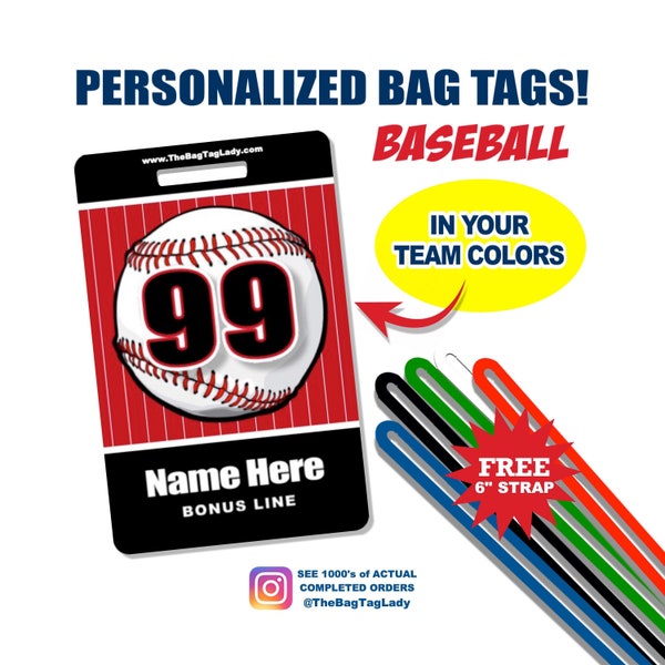 BASEBALL Bag Tag • Personalized • Player Name • Jersey Number • Team Name • Made to Order • Athlete • Coach • Luggage, Backpacks, Gear Bags