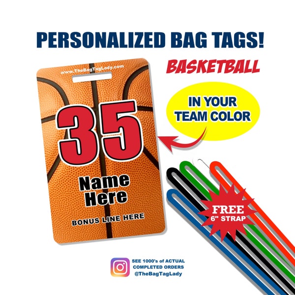 BASKETBALL Bag Tag • Personalized • Player Name • Jersey Number • Team Name • Made to Order • Athlete • Coach • Luggage, Backpack, Gear Bag