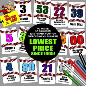 May include: A collection of baseball-themed bag tags with player names and numbers. Each tag features a baseball design with red stitching. The tags display numbers in various colors, including green, purple, and blue. The image also includes text that says "Lowest Price Since 1995!"