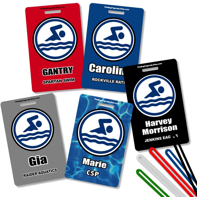 May include: Rectangular luggage tags in red, blue, black, gray, and blue with a swimmer logo. Each tag has a name and team name printed on it. The tags have a hole at the top for attachment.