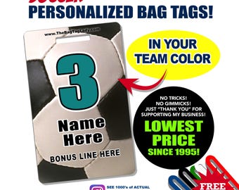 Personalized Soccer Bag Tag: Jersey Number, Player Name, Team Color