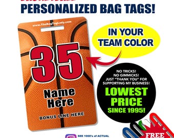 Personalized Basketball Bag Tags: Jersey Number, Player Name, Team Colors