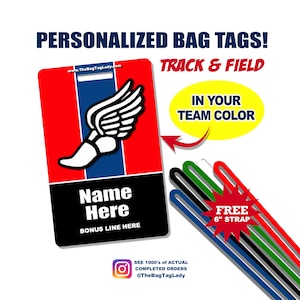 May include: A rectangular bag tag featuring a red and blue vertical stripe design with a white winged foot graphic. The tag includes text fields for Name Here and Bonus Line Here, accompanied by a set of colorful 6-inch straps for attachment.