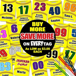 SOFTBALL Bag Tag • Personalized • Player Names • Jersey Numbers • Team Name • For Luggage, Gear Bag or Backpack • &quot;Buy More & Save&quot; Pricing