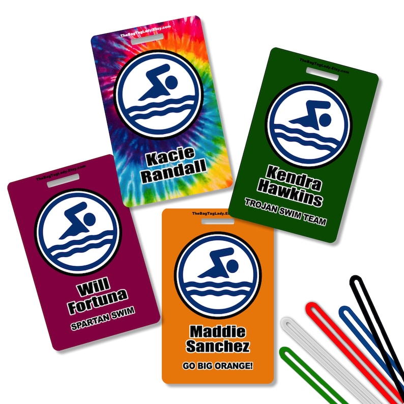 May include: Four rectangular swim team bag tags in various colors: tie-dye, green, orange, and burgundy. Each tag features a white circle with a swimmer graphic in blue. Names and team names are printed below the graphic.