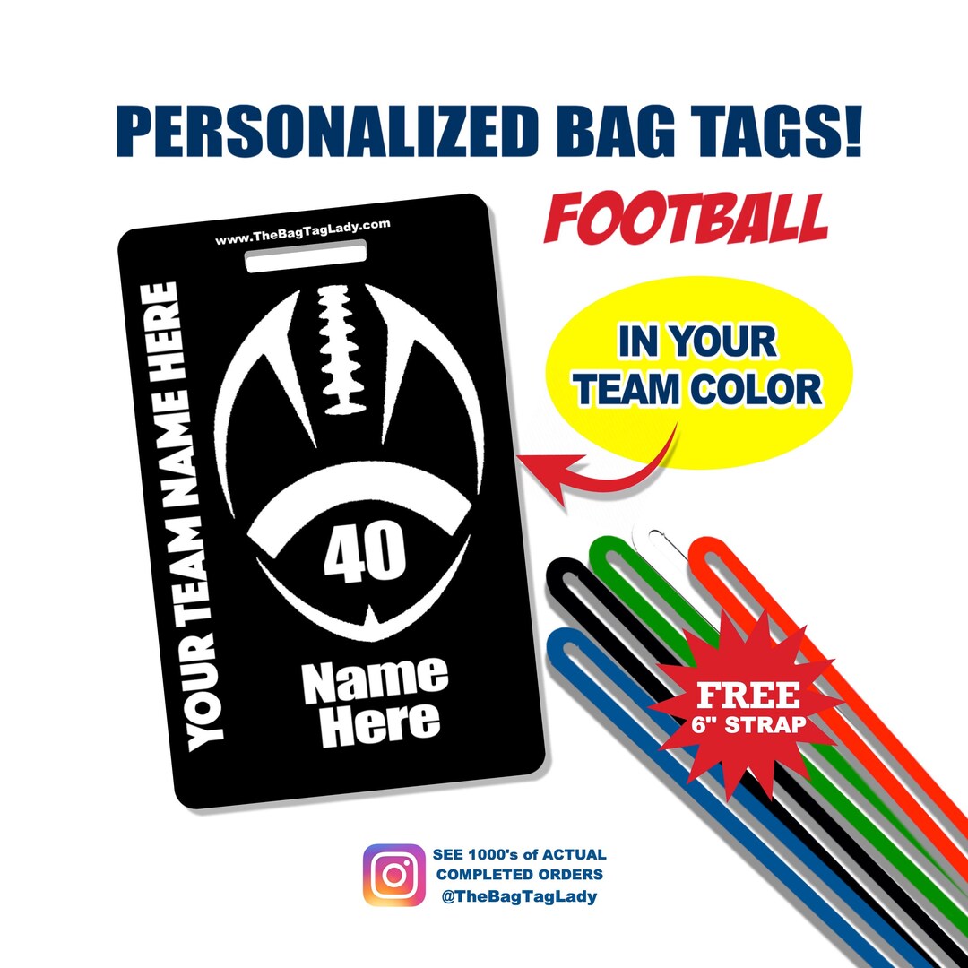 FOOTBALL Bag Tag Personalized Player Name Jersey Number Team Name Made