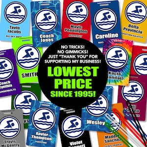 May include: A collection of colorful swimming-themed name tags with various names and team affiliations. Each tag features a swimmer logo and is surrounded by a black circle. The image also includes a central graphic with the text "LOWEST PRICE SINCE 1995!"