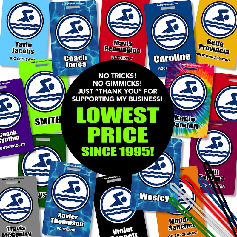 May include: A collection of colorful swimming-themed name tags with various names and team affiliations. Each tag features a swimmer logo and is surrounded by a black circle. The image also includes a central graphic with the text "LOWEST PRICE SINCE 1995!"