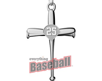 Baseball Bat Cross Pendant Necklace with Number and 20" Chain - Stainless Steel