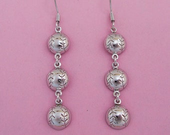 Baseball Tri Drop Sterling Silver Dangle Earrings