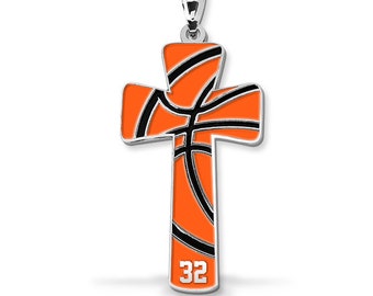 Basketball Cross Pendant with Number - Sterling Silver