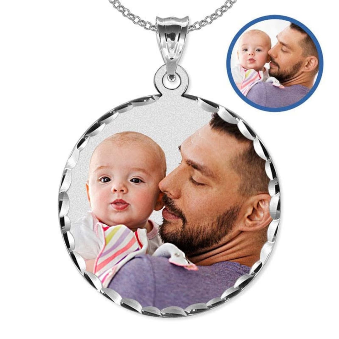 Custom Jewelry Gift Personalized Sterling Silver Round Photo Pendant / Charm With Diamond Cut