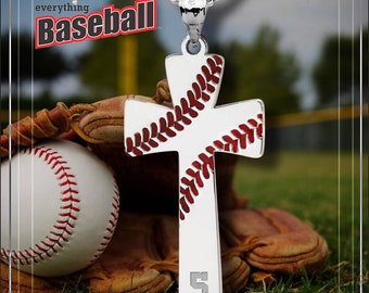 Baseball Stitch Cross Pendant with Number - Sterling Silver