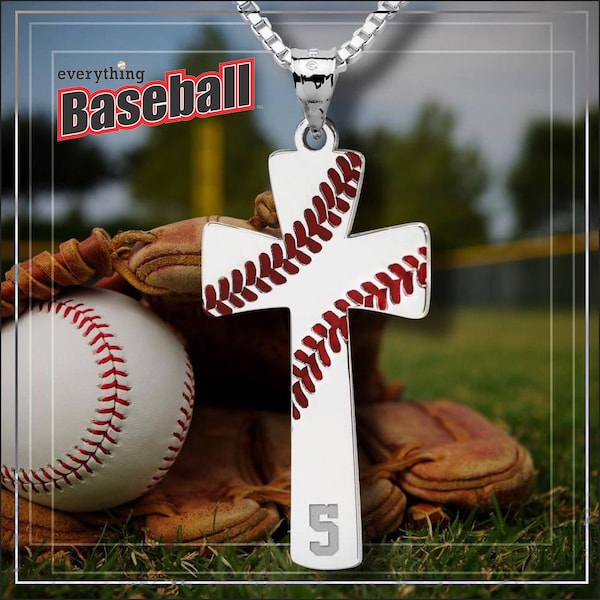 Baseball Stitch Cross Pendant with Number - Sterling Silver