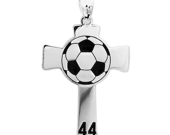 Sterling Silver Enameled Soccer Cross Pendant with Number