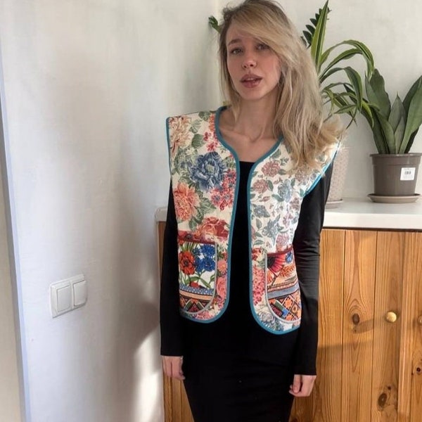 Quilted Vest Bridesmaid Gift patchwork Quilts Cotton Vest gift for her Linen vest Reversible vest Vintage clothing women S -XXL Handmade