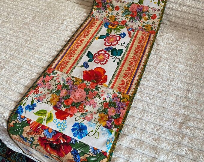 Featured listing image: Linen vintage table runner with unique   folk pattern, has elements of hand embroidery quilted table runner and placemats, vintage gift 50s