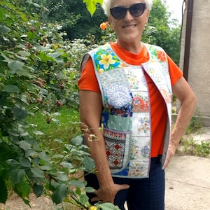 Reversible Quilted Vest: Floral Patchwork Linen Cotton Boho Jacket