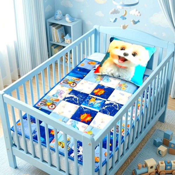 Baby Cotton Blanket Angel Embroidered: Patchwork Quilt, Boy play mat Blue Nursery Bedding