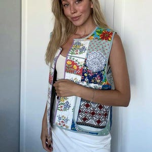 Reversible Quilted Floral Vest: Handmade Patchwork Vest Cotton Linen Boho Gilet
