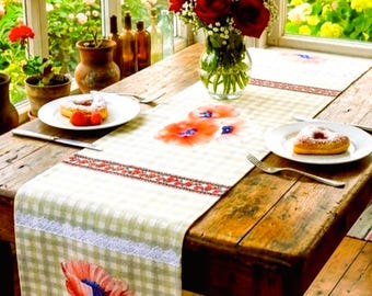 Chemin de table fleurs coquelicots, décoration campagnarde en dentelle à carreaux Vichy