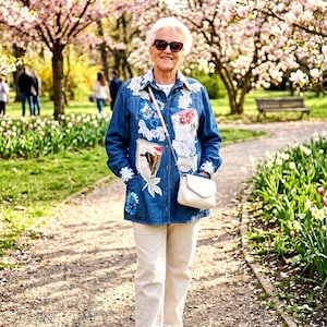 May include: A woman in a denim jacket adorned with floral and butterfly embroidery, cream trousers, and white trainers. She carries a white handbag and wears sunglasses. The background shows a park with flowering trees and a pathway.