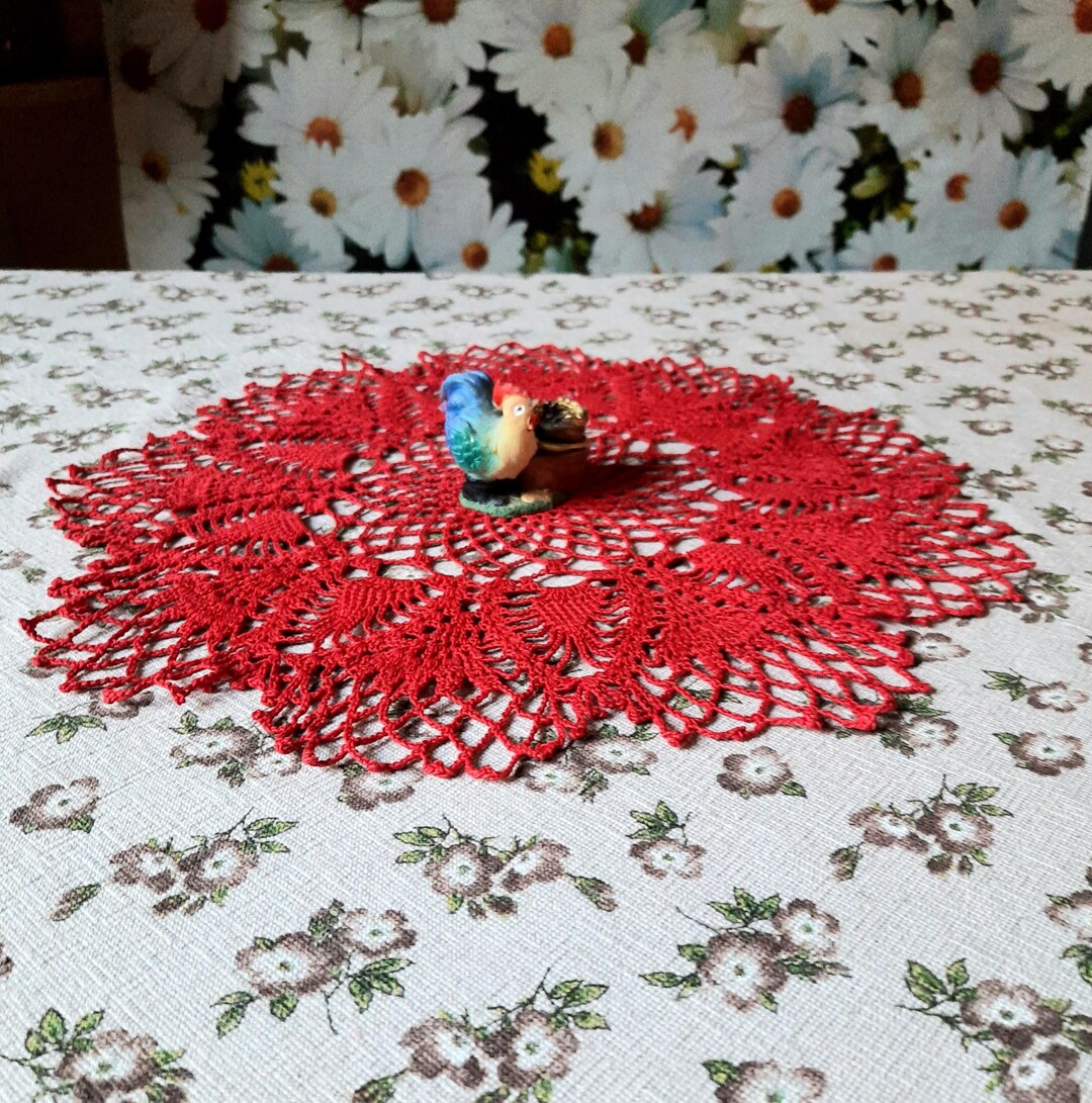 Vintage Crochet Lace Doily Bohemian Red Knitted Tablecloth Napkin ...