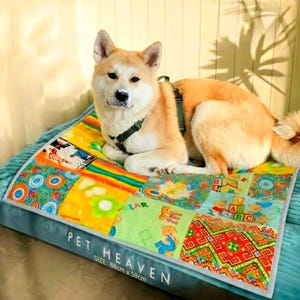 Könnte beinhalten: Ein hellbrauner und weißer Hund mit einem dunkelgrünen Geschirr, der auf einem rechteckigen Haustierbett liegt. Das Bett hat ein buntes Patchwork-Muster mit Teddybären und Alphabet-Blöcken sowie den Text PET HEAVEN SIZE: 88cm x 58cm.