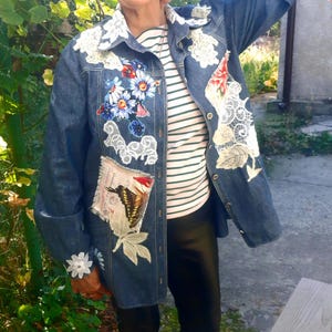 Upcycled Denim Jacket: Vintage machine Embroidered Patchwork Womens gift Boho Blazer with Lace Hem