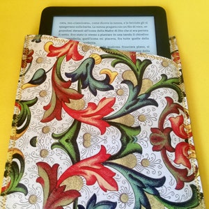 Custodia per Kindle 6 Touch in Ecopelle, Custodia Kobo Nia Fatta a Mano, Copertina per Lettore di E-book Carta Fiorentina Model Fiori Grandi