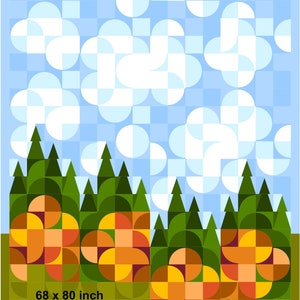 Puede incluir: Impresi&oacute;n art&iacute;stica geom&eacute;trica que representa un paisaje con &aacute;rboles y nubes estilizados. La obra utiliza una paleta de colores verde, naranja y azul, con un patr&oacute;n repetitivo de formas. Dimensiones: 173 x 203 cm.