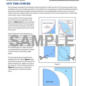 Puede incluir: Una plantilla de papel impresa titulada "VISTA" con instrucciones para cortar curvas. La plantilla incluye diagramas de cuartos de c&iacute;rculo y arcos, con texto e ilustraciones. La plantilla est&aacute; dise&ntilde;ada para proyectos de acolchado.