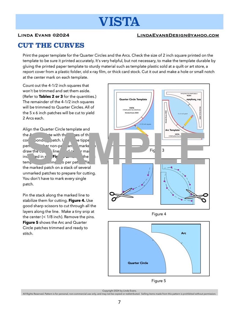 Puede incluir: Una plantilla de papel impresa titulada "VISTA" con instrucciones para cortar curvas. La plantilla incluye diagramas de cuartos de c&iacute;rculo y arcos, con texto e ilustraciones. La plantilla est&aacute; dise&ntilde;ada para proyectos de acolchado.