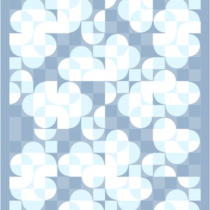 Puede incluir: Un dise&ntilde;o de patr&oacute;n de edred&oacute;n con un motivo de nube repetido en azul y blanco. El dise&ntilde;o incluye un fondo de tablero de ajedrez. El texto en la parte inferior dice: "Este dise&ntilde;o no est&aacute; incluido en el patr&oacute;n, pero se puede lograr f&aacute;cilmente haciendo m&uacute;ltiples bloques de nubes. &copy;Linda Evans 2024."