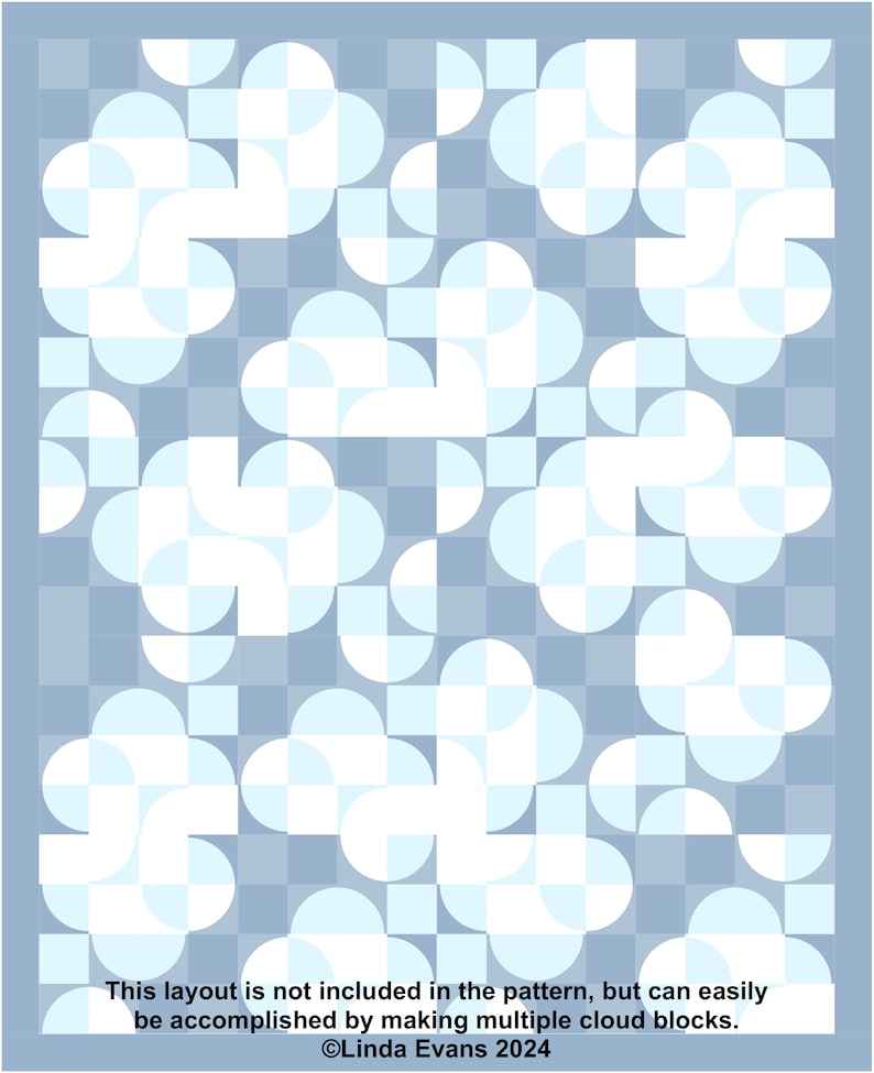 Puede incluir: Un dise&ntilde;o de patr&oacute;n de edred&oacute;n con un motivo de nube repetido en azul y blanco. El dise&ntilde;o incluye un fondo de tablero de ajedrez. El texto en la parte inferior dice: "Este dise&ntilde;o no est&aacute; incluido en el patr&oacute;n, pero se puede lograr f&aacute;cilmente haciendo m&uacute;ltiples bloques de nubes. &copy;Linda Evans 2024."