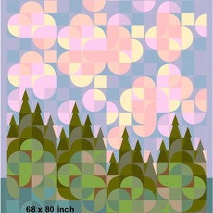 Puede incluir: Colcha geom&eacute;trica abstracta que representa una escena de bosque con &aacute;rboles y un cielo compuesto por c&iacute;rculos y cuadrados en tonos verdes, rosas, amarillos y azules. La colcha mide 173 x 203 cm y est&aacute; firmada "Linda Evans 2024".