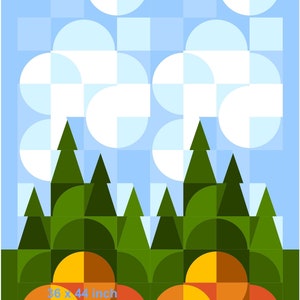 Puede incluir: Impresi&oacute;n art&iacute;stica geom&eacute;trica que representa un paisaje estilizado con &aacute;rboles verdes, formas naranjas y amarillas y un cielo azul con formas blancas en forma de nube. La obra de arte mide 91 x 112 cm y est&aacute; firmada "&copy;Linda Evans 2024".