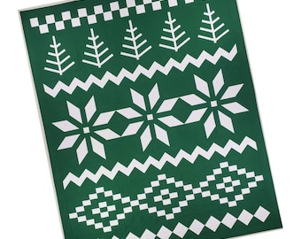 Puede incluir: Tela verde con un copo de nieve blanco, un árbol y un patrón de cuadros. Esta tela es perfecta para manualidades y proyectos navideños.