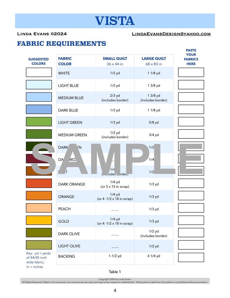 Puede incluir: Tabla de requisitos de tela para un patr&oacute;n de edred&oacute;n llamado "Vista" de Linda Evans. La tabla enumera los colores sugeridos, los requisitos de tela para edredones peque&ntilde;os y grandes, y espacio para pegar muestras de tela. Medidas en pulgadas y yardas.