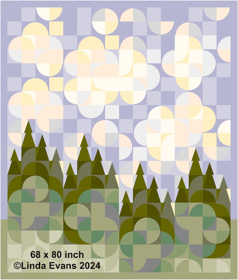 Puede incluir: Colcha geom&eacute;trica abstracta que representa un paisaje con &aacute;rboles y nubes estilizados. La colcha mide 173 x 203 cm. El dise&ntilde;o incorpora c&iacute;rculos, cuadrados y semic&iacute;rculos en tonos verdes, amarillos y azules.