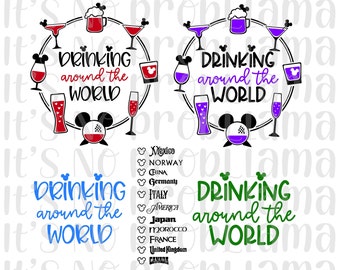 May include: Four different designs of a drinking around the world themed graphic with a Mickey Mouse head and a string of drink glasses. The text is in black, white, blue, green, purple and red. The designs are on a white background.