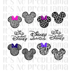 May include: Nine black and white animal print Mickey Mouse head silhouettes with pink and purple bows. The text "Wild about Disney" and "Disney adventure" are also included.