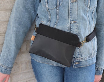 Black Waxed Canvas Fanny Pack for Women.  Hipster Vegan Belt Bag for concerts, travel, and shopping.  Modern and Minimalist Flat Hip Bag.