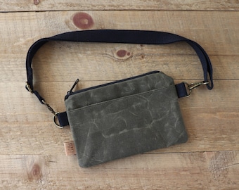 Small Slim Crossbody Belt Bag for Women and Men. Rustic Vegan Fanny Pack for outdoors, hiking, biking, walking. Water resistant Hip Bag.