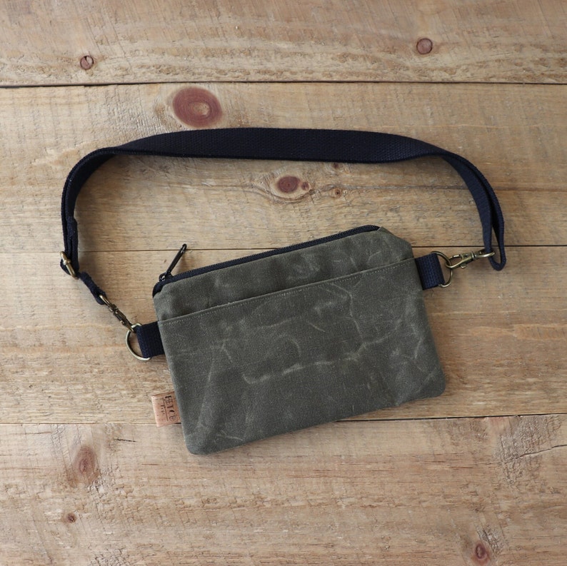 Small Slim Crossbody Belt Bag for Women and Men. Rustic Vegan Fanny Pack for outdoors, hiking, biking, walking. Water resistant Hip Bag. image 1