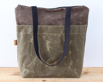 Vegan Waxed Canvas Tote Bag: Zippered Shoulder Bag with Pockets