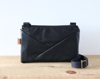 Small Black Vegan Leather Crossbody Bag: Geometric Design