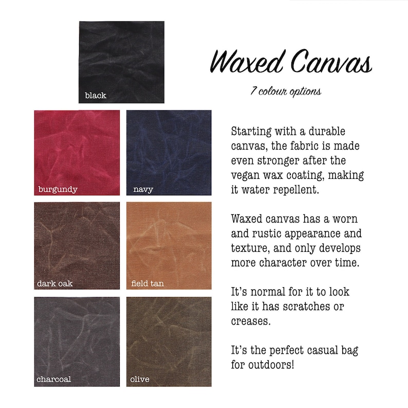 May include: Waxed canvas fabric swatches in seven colors: black, burgundy, navy, dark oak, field tan, charcoal, and olive. "Waxed Canvas" and "7 colour options" are written in black text above the swatches.